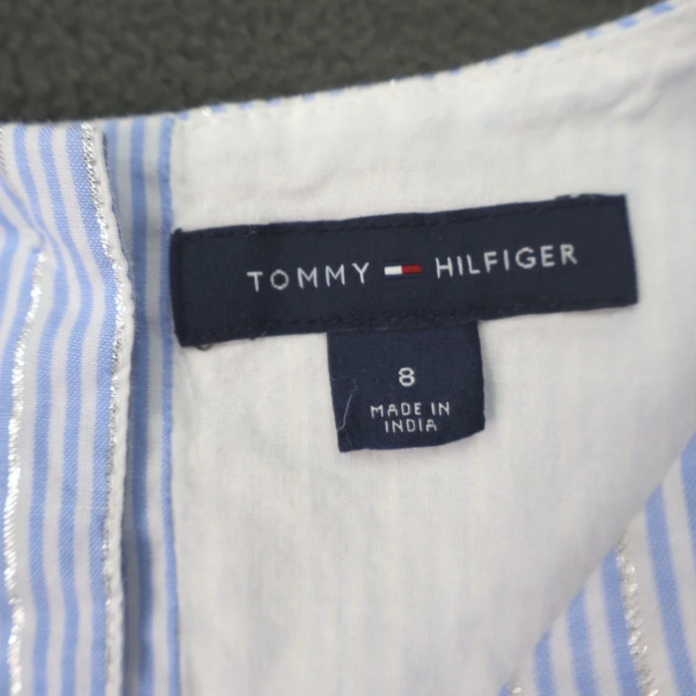 Tommy Hilfiger Striped Dress Kids 8 Blue Seersucker Metallic Sleeveless
